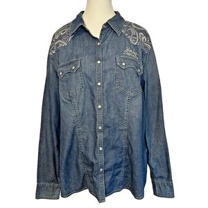 Harley Davidson Women's Denim Pearl Snap Shirt‎ Western Biker Embroidered 2X
